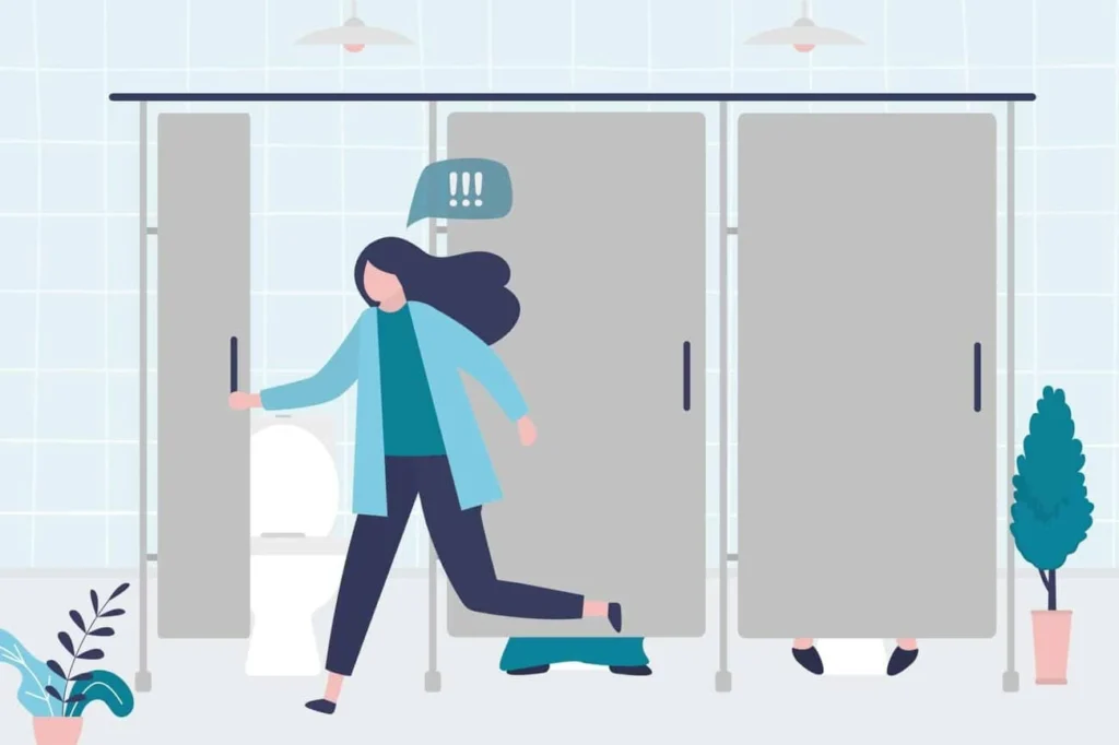 graphic of Urine incontinence World's End woman running to the toilet.
