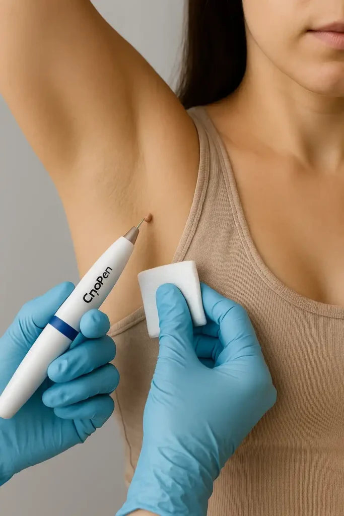 woman having cryopen to remove underarm skin tags World's End